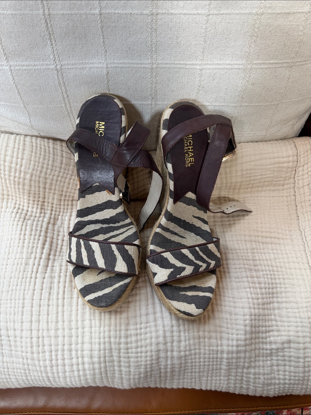 Michael Kors Zebra Print Wedge Sandals in Black and Ivory